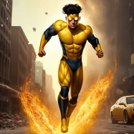 concept art of  <lora:Invincible:2>
Invincible a blackhair man in a yellow superhero costume outfit is running through fire with a bodybuilding ribbed body and oval white eyes , digital artwork, illustrative, painterly, matte painting, highly detailed