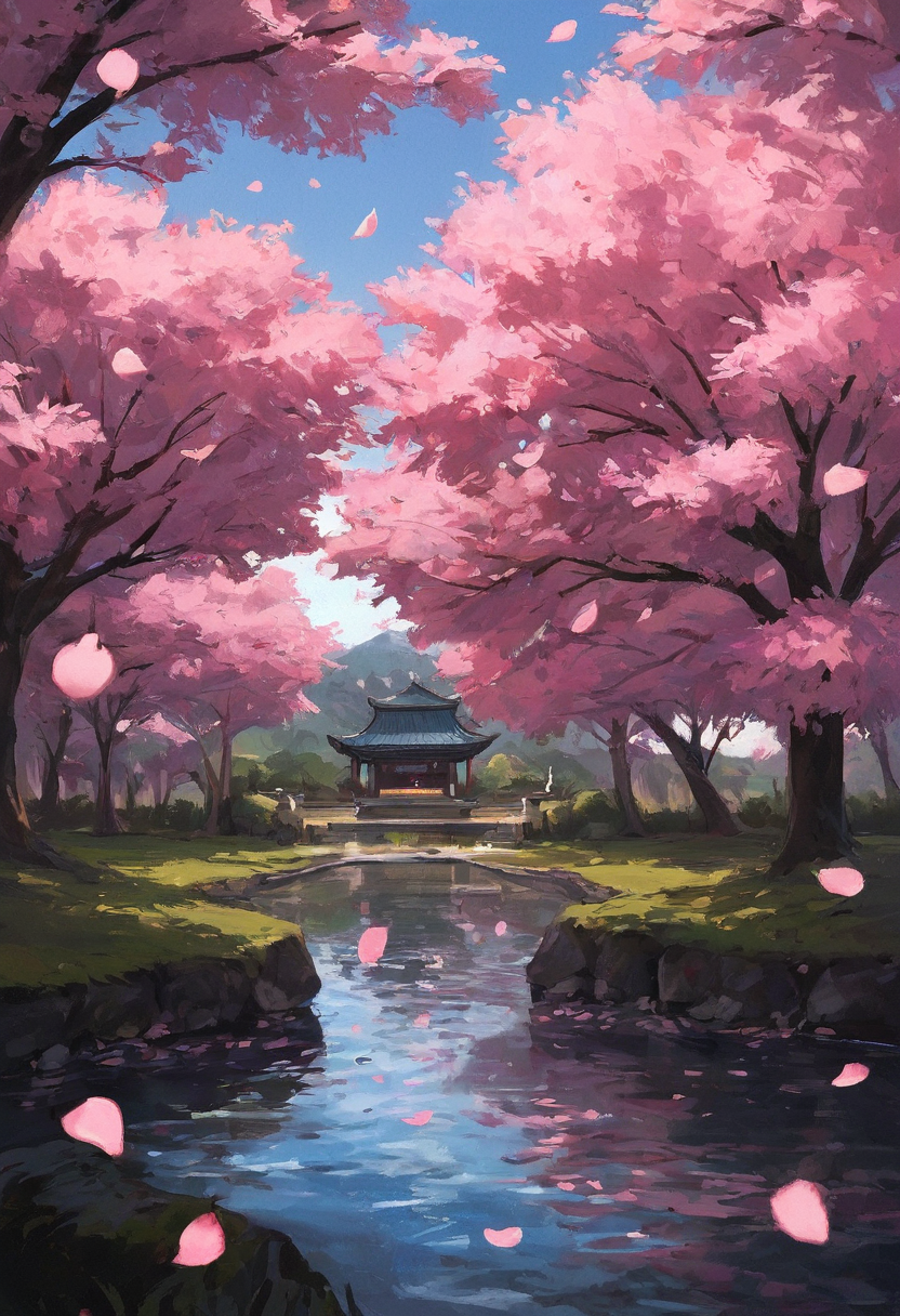 score_9, score_8_up, score_7_up, cherry blossoms, falling petals, wind, lake, park, glowing petals,<lora:ra1ncloudstyle:1>
