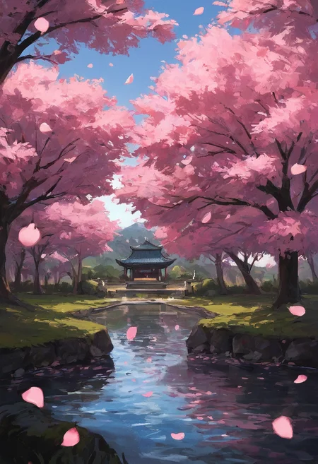score_9, score_8_up, score_7_up, cherry blossoms, falling petals, wind, lake, park, glowing petals,<lora:ra1ncloudstyle:1>