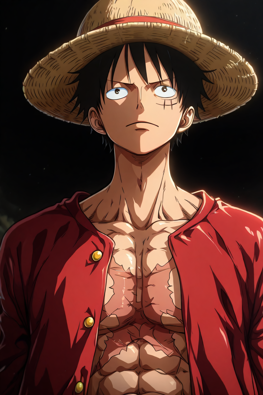 <lora:LUFFY_pony_XL:0.6>, Luffy, red jacket, scar on chest, straw hat, black hair, 1boy, solo, alone, <lora:dark_art_style_illustriousXL:1>, dark_art_style, masterpiece, highres