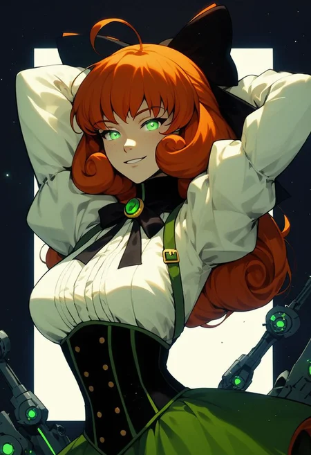 score_9, score_8_up, score_7_up, masterpiece, best quality, highly detailed, 1girl, Penny Polendina, \(RWBY\),(ultra HD quality details), green eyes, ginger hair, long hair, big breasts, 
neck ribbon, suspender skirt, corset, white blouse, long sleeves, mechanical legs, neon trim, black bow,
looking at the viewer, bedroom eyes, seductive smile,  glowing eyes, neon, arm behind head, arched back, dark background, cowboy shot, thick white character outline