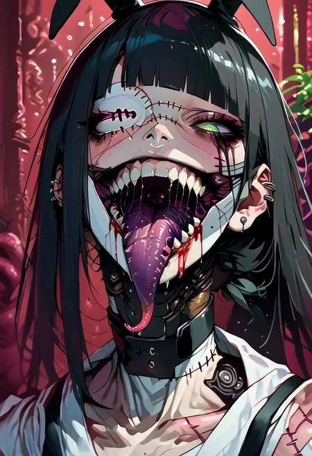 score_9, score_8_up, score_8, rating_explicit, 1man, muscular body, solo, long hair, black hair, hime cut, blunt bangs, black eyeliner , pink nipples, , feminine face, multiple ear piercings, mole under eye, mole under lips, mole on chest, loose foreskin, black chocker, green eyes, ponytail, Rabbit Ear Bow Headband, eyelashes, pectorals, eyeshadow, parted lips, toned, muscular, collarbone, eyepatch, big chest, veiny skin, black veins visible under skin, tongue out, saliva, saliva trail, bloody knife, Zombie, exposed spine, hole in stomach, tentacles in mouth, tentacles, (((stitches))), injury, scars, (((injury))), (((scars))), blood, black tears, smiling, grinning, black lips, (((bandages))), long tongue, sticking out tongue, black tongue, very long tongue, scary, <lora:tentaclesmouth:1>,tentacles,