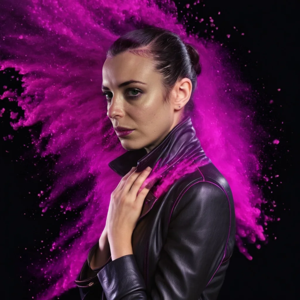 portrait of elva with sniffly sniffle in __clothes-casual__, bright magenta splash, dark background <lora:colorSplash:1> . 35mm photograph, film, bokeh, professional, shot by mary mccartney, 4k, highly detailed