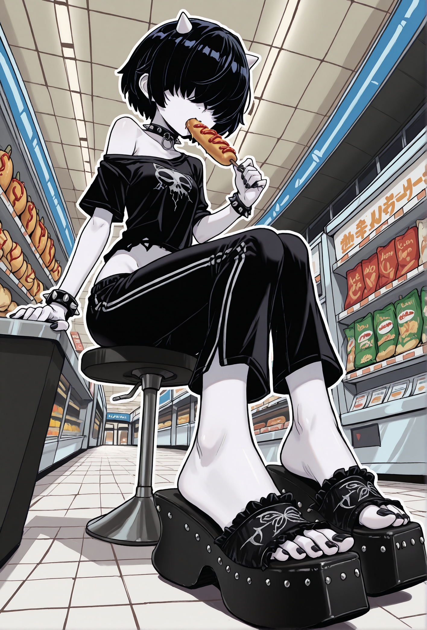masterpiece, best quality, 
(torn shirt), 
(low angle:1.2), foreshortening,
from side,
feet, toes, perfect feet, 5 toes, (detailed feet), 
(black toenail polish:1.1),
(aiermei sandals), foot focus, black footwear, (platform footwear:1.1),
short hair, (hair over eyes:1.2), black hair,
nsfw, 1girl,
spike choker, spike bracelets,
expressionless,
(goth:1.2),
(pale skin:1.2), (white skin:1.1),
cuteness fang, (small white cone horns),
medium breasts, petite, (narrow hips:1.2),
(thin legs:1.15), (skinny legs:1.15), (slender legs:1.1), (slender torso:1.2), 
oversized shirt, off shoulder shirt, (very loose shirt:1.2),  
(capri pants:1.1), sweatpants, (loose pants:1.1), (lowleg:1.2), groin,
shopping mall food court, sitting on a table, bright background, busy background,
(eating a corndog),