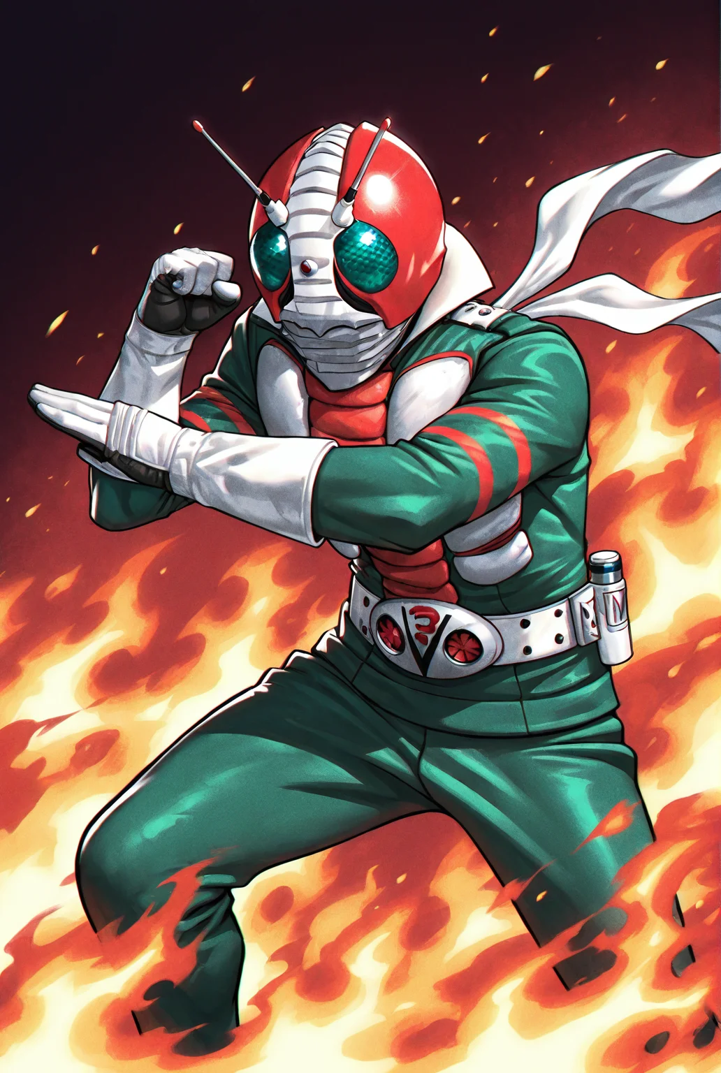score_9,score_8_up,score_7_up,best quality,ultra-detailed,high resolution,digital painting,8k,1boy,solo,male focus,detailed face,antennae,belt,helmet,gloves,tokusatsu,green bodysuit,scarf, fire, fighting stance,<lora:add-detail-xl:1>,<lora:Kamen RIder V3:0.8>,kamen r1der v3,<lora:LYDart StyleIlluLYCO:0.2>,ydart,