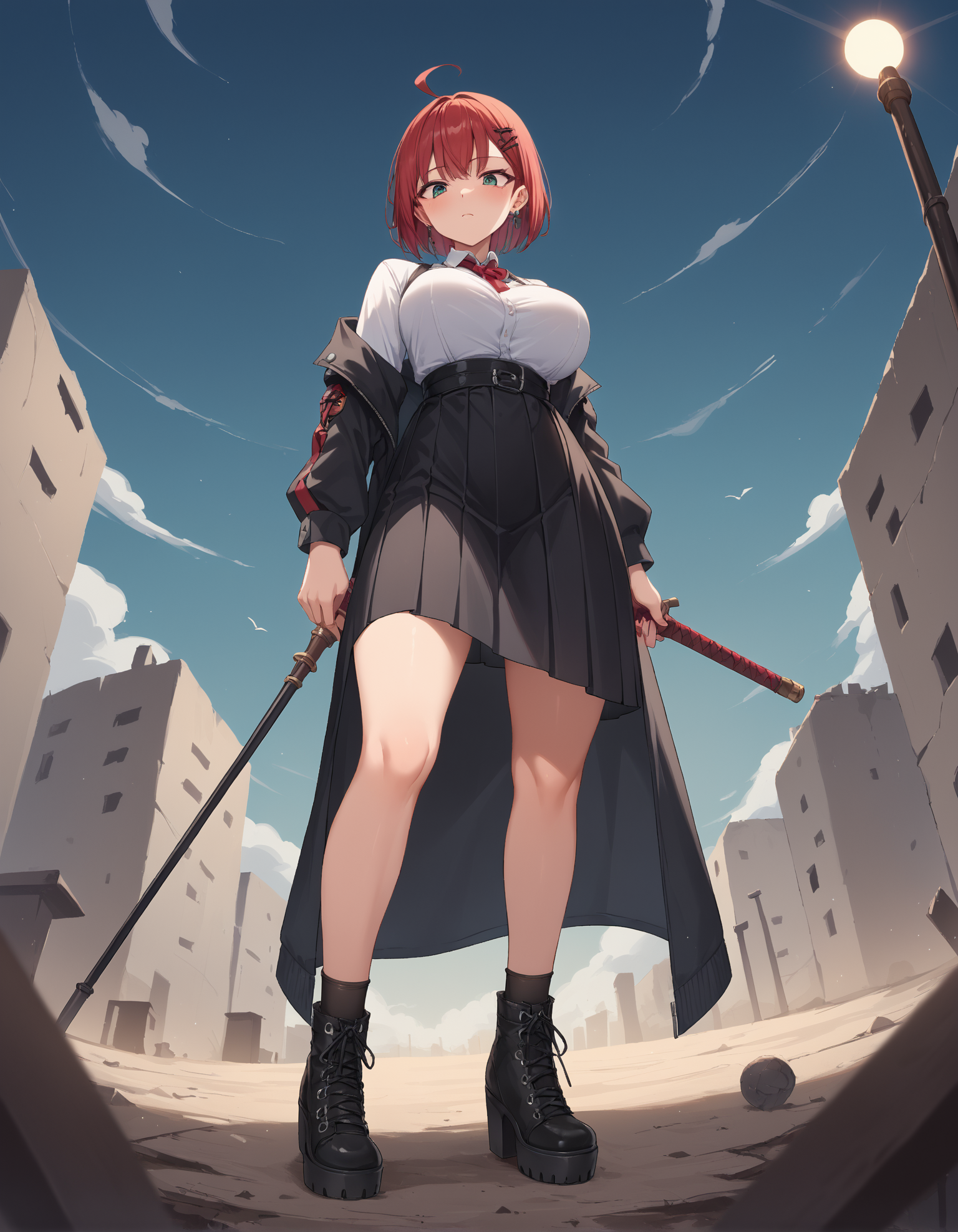 score_9, score_8_up, score_7_up, score_6_up, source_anime,
1girl, goth, 
wide angle, full body,
standing,
battlefield, horror asthetic,
looking down,
red hair, large breasts,
sh1tk1cker shoes,
embedding:zPDXLrl ,
embedding:zPDXL2 ,