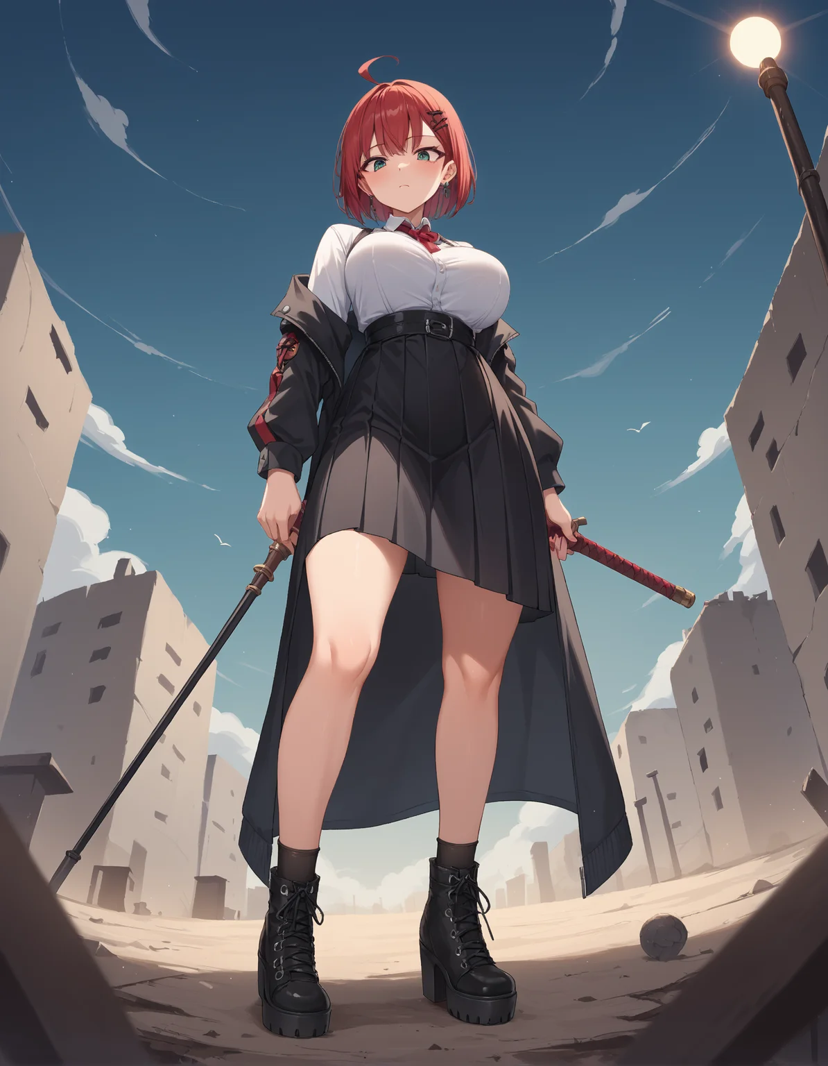 score_9, score_8_up, score_7_up, score_6_up, source_anime,
1girl, goth,
wide angle, full body,
standing,
battlefield, horror asthetic,
looking down,
red hair, large breasts,
sh1tk1cker shoes,
embedding:zPDXLrl ,
embedding:zPDXL2 ,