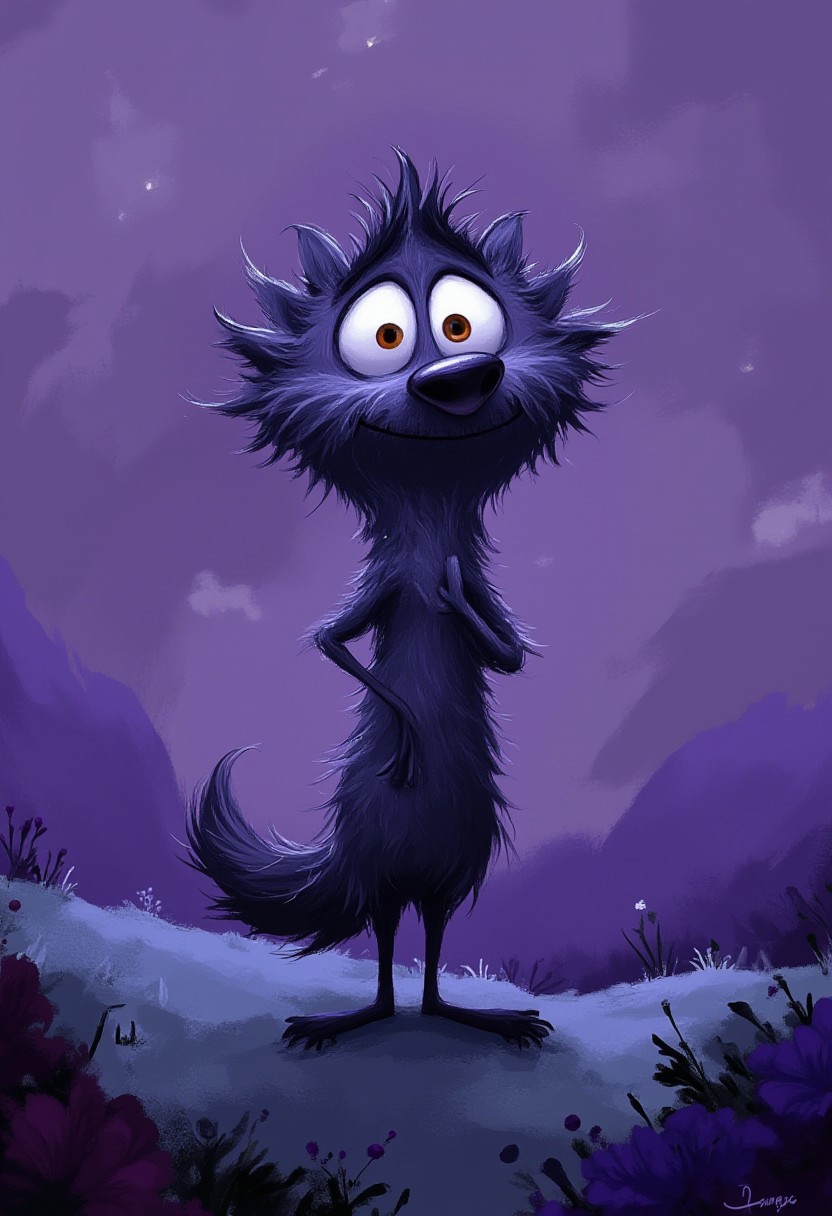 A whimsical illustration of a lanky wolf with ruffled fur in dark whimsical art style, standing in misty mountains, digital painting with expressive brushstrokes showing textured fur, purple foggy background, characteristic Tim Burton inspired design with huge amber eyes and scarred snout