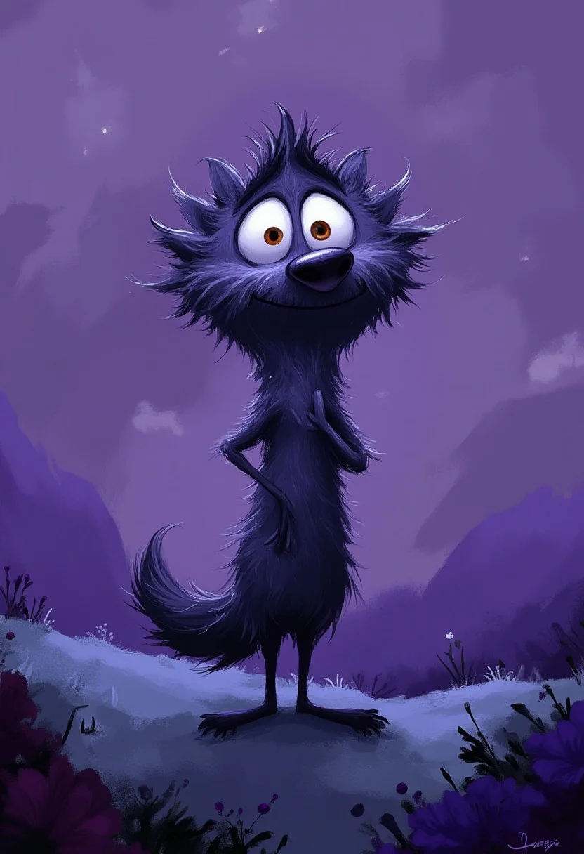 A whimsical illustration of a lanky wolf with ruffled fur in dark whimsical art style, standing in misty mountains, digital painting with expressive brushstrokes showing textured fur, purple foggy background, characteristic Tim Burton inspired design with huge amber eyes and scarred snout