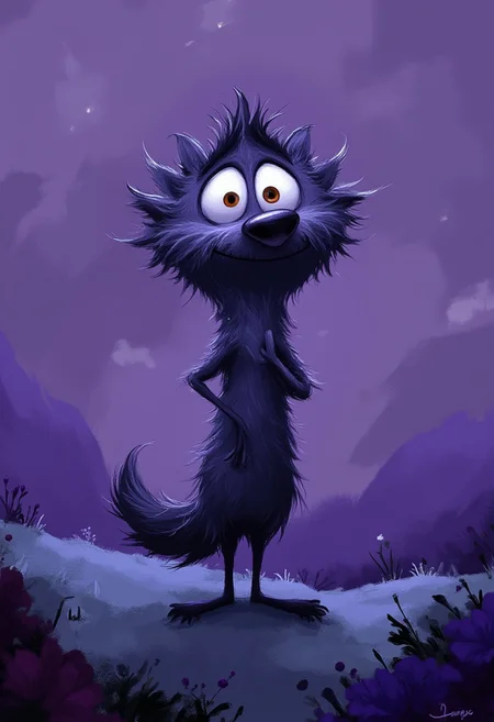 A whimsical illustration of a lanky wolf with ruffled fur in dark whimsical art style, standing in misty mountains, digital painting with expressive brushstrokes showing textured fur, purple foggy background, characteristic Tim Burton inspired design with huge amber eyes and scarred snout