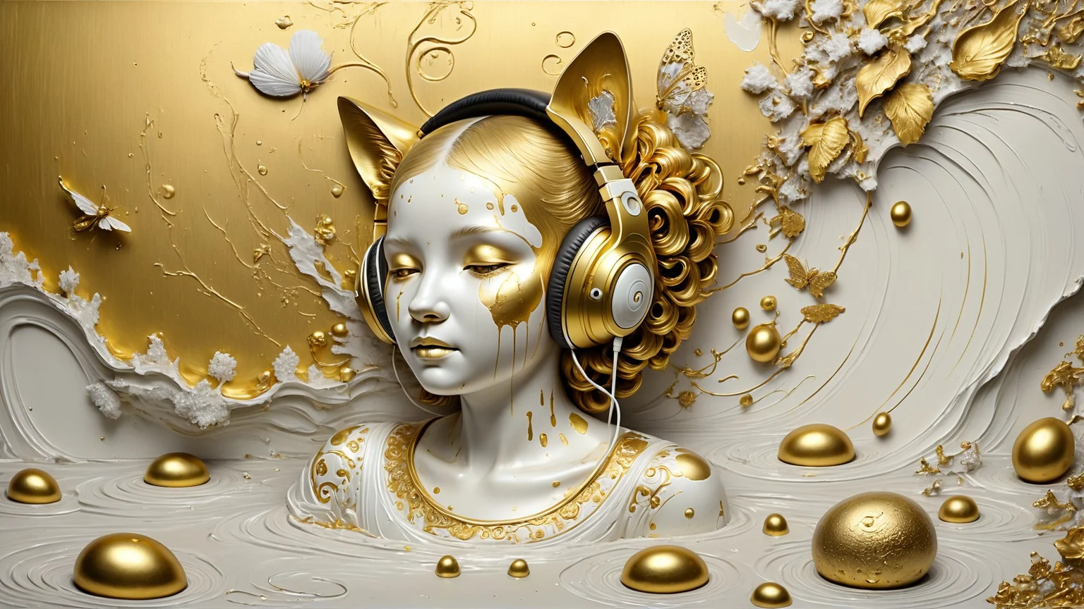 cs-m3tal-400 damaged Surrealist painting, (peeling paint on sandpaper:1.2). A grotesque adult fairy hatching from a (mauve:0.5) Lynx in a decrepit winter river rapids. (Large patches of broken paint reveal a world of studio headphones). Intricate details. gold-tinted, white filigree patterns. Symbolism.