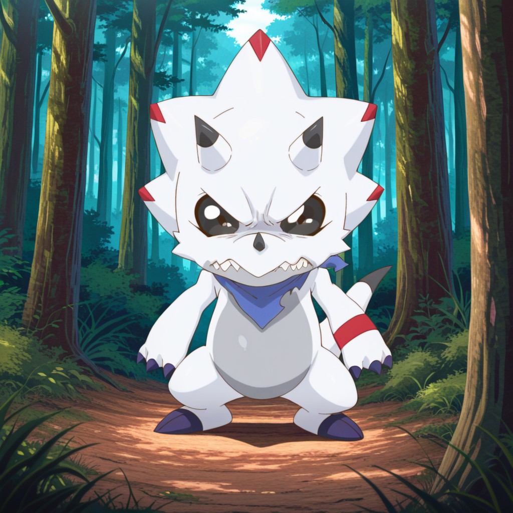 ((masterpiece, best quality, amazing quality,))  GammaGil, semi-anthro, Gammamon, ceratopsian, white skin, black eyes, black sclera, blue neckerchief, horns, nose horn, tail,standing, in a forest, angry, solo, full body