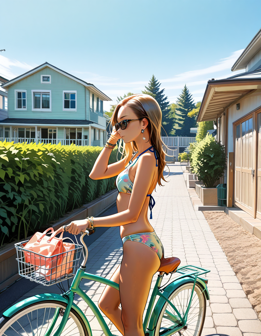 score_7_up, anime BREAK official art, 
<lora:American_West_Coast_Style-000009:1>, American West Coast Style, 
1girl, bicycle, solo, sunglasses, outdoors, swimsuit, bicycle basket, day, bag, bikini, sky, jewelry, bracelet, house, building, from side, 
(masterpiece:1.3), best quality, high resolution, unity 8k wallpaper, extremely detailed CG, 8K, (watercolor \(medium\), muted color, sketch:1.1), perfect anatomy, highly finished, masterpiece, best quality, high quality, amazing quality, great quality, very aesthetic, ultra detailed, highres, absurdres, highly detailed, highly detailed background,