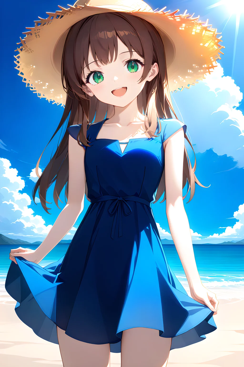 1girl, cowboy shot, standing, long hair, brown hair, green eyes, straw hat, blue dress, cap sleeves, collarbone, open mouth, smile, outdoors, beach, cloud, blue sky, sunlight <lora:CapSleeves_DoRA:1>