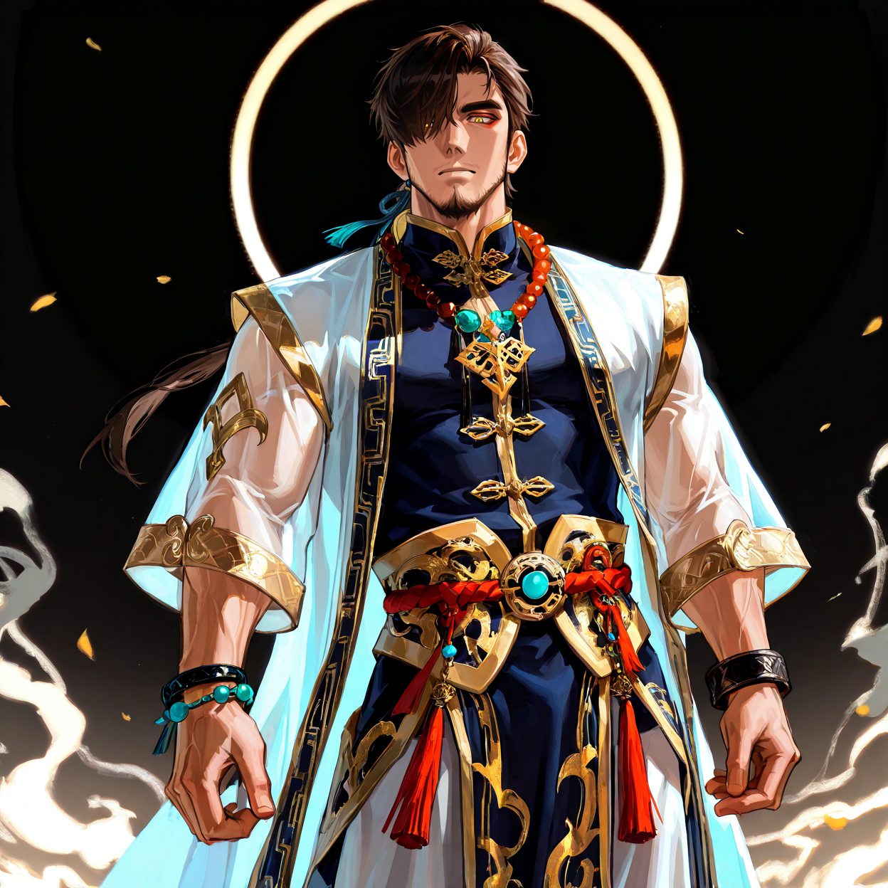 <lora:Chao__Alchemist_Code-000003:.7>,tagatamechao, 1boy, dark brown hair, middle hair, see-through eye, hair over one eye, yellow eyes, eyeliner, solo, male focus, manly, mature male, bara, muscle body, robe, tangzhuang, no sleeves, gold trim, necklace, bracelet, tassel, pants, toeless footwear,
cowboy shot, 
(very short hair, beard, bara, mature, facial hair, stubble, beard, full beard, sideburn, beard, a lot of beard, ), facial hair,male focus, muscular male, muscular male, bara, mature,  bara, mature, aixiwuganda_(20222192), very awa, masterpiece, best quality, absurdres, newest, perfect quality, detailed background, intricate details,
<lora:slider_Body Type_alpha1.0_rank4_noxattn_last:3><lora:Anime Summer Days 2 Style SDXL_LoRA_Pony Diffusion V6 XL:.6><lora:slider_cfg_scale_boost:.7><lora:Artist6p:.55>, Artist6p, Artist04p,<lora:slider_il_brightness_slider_d1:-1><lora:slider_il_contrast_slider_d1:-1><lora:slider_DarkSlider1.2_alpha1.0_rank16_full_300steps:-.6><lora:slider_contract_controller_illus01_v1:.5>,