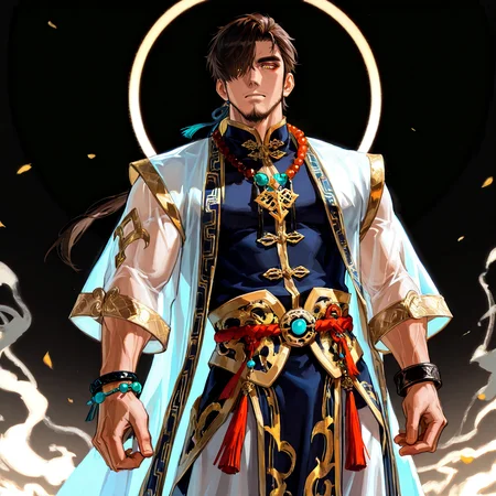 <lora:Chao__Alchemist_Code-000003:.7>,tagatamechao, 1boy, dark brown hair, middle hair, see-through eye, hair over one eye, yellow eyes, eyeliner, solo, male focus, manly, mature male, bara, muscle body, robe, tangzhuang, no sleeves, gold trim, necklace, bracelet, tassel, pants, toeless footwear,
cowboy shot, 
(very short hair, beard, bara, mature, facial hair, stubble, beard, full beard, sideburn, beard, a lot of beard, ), facial hair,male focus, muscular male, muscular male, bara, mature,  bara, mature, aixiwuganda_(20222192), very awa, masterpiece, best quality, absurdres, newest, perfect quality, detailed background, intricate details,
<lora:slider_Body Type_alpha1.0_rank4_noxattn_last:3><lora:Anime Summer Days 2 Style SDXL_LoRA_Pony Diffusion V6 XL:.6><lora:slider_cfg_scale_boost:.7><lora:Artist6p:.55>, Artist6p, Artist04p,<lora:slider_il_brightness_slider_d1:-1><lora:slider_il_contrast_slider_d1:-1><lora:slider_DarkSlider1.2_alpha1.0_rank16_full_300steps:-.6><lora:slider_contract_controller_illus01_v1:.5>,
