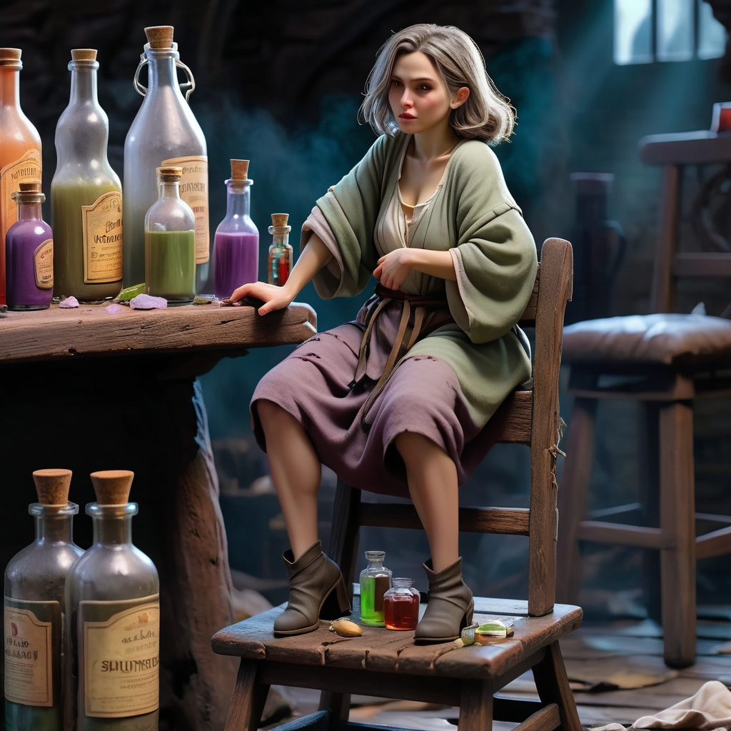 a scene of one  highly detailed (shrunken, tiny) 30 year-old woman, very loose oversized baggy clothes, fantasy adventures party, broken cloth, dungeon, close-up, standing on wooden chair, shrunken woman next to potions bottle, photorealistic illustration, UHD 8k wallpaper, ,  <lora:shrunk_xl_v11:1>