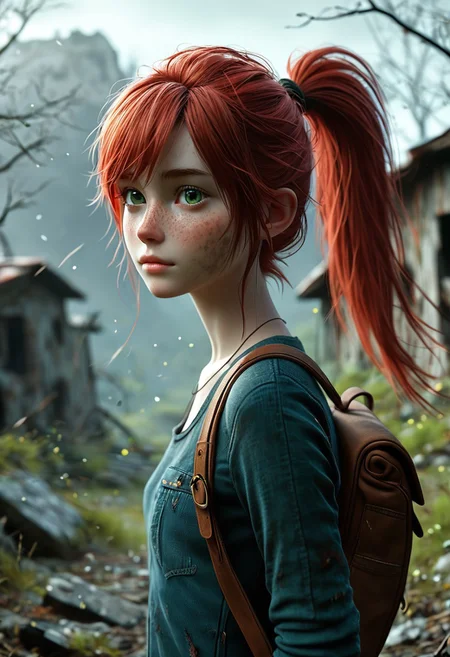 score_9, score_8_up, score_7_up, 1woman, Masterpiece, 4k, ultra high detail, 21yo, small_breast_size, long red ponytail hair, fcNeg, stunning green eyes, freckles, white skin, small nose, innocent beauty, slim cute face, skinny body, red hair, adult woman,
Alerted look, dry tears, dirty clothes, dirty face,
particles,
Dark sky with stormclouds, ash, falling Ash like dark snow, ruins, wasteland, cityruins, lightly torn dark gamer_shirt, heavy_torn_dirty_skinny_jeans, dirty_clothes, used_camping_backpack,
End of the World,
negative_hand, NightScapes, ng_deepnegative_v1_75t, green eyes, perfecteyes,