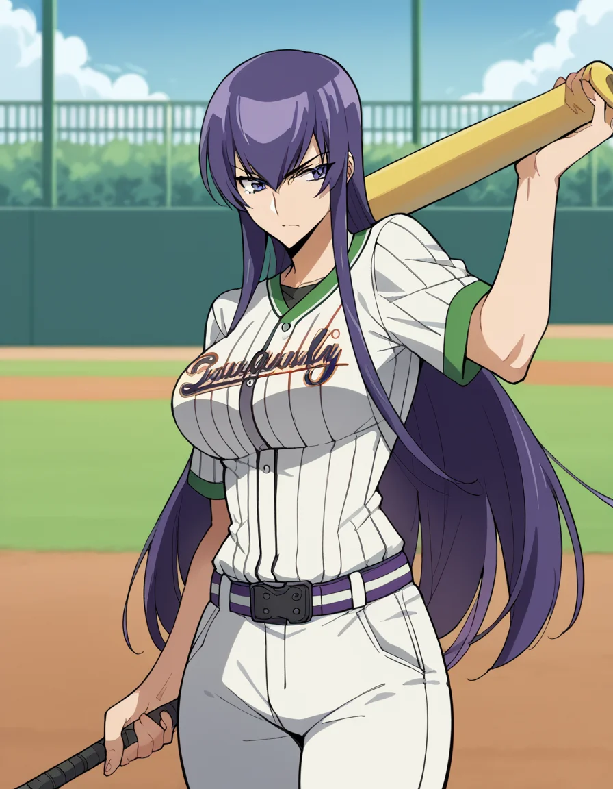 score_9, score_8_up, score_7_up, source_anime, <lora:saeko-busujima-ponyxl-lora-nochekaiser:1>, saeko busujima, long hair, purple hair, purple eyes, hair between eyes, large breasts,, <lora:baseball-uniform-ponyxl-lora-nochekaiser:1> baseball uniform, baseball, striped belt, shirt under shirt, sportswear, ribbed shirt, baseball helmet, baseball bat, baseball jersey, baseball field, holding baseball bat,, , cowboy shot,