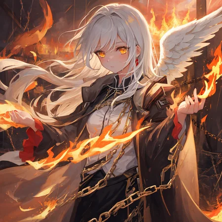 masterpiece, best quality, ultra-detailed, illustration, close-up, straight on, 1girl, white hair, yellow eyes, angel, chains,masterpiece,fancy background,fire,rainstorm