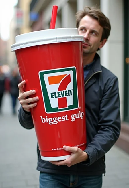 A man carrying the largest  7-Eleven soda cup in the world labeled "biggest gulp". The cup has a lid and straw.