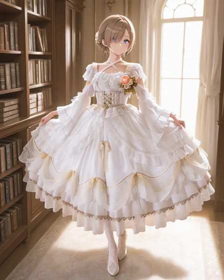 Positive: Masterpiece, best quality, amazing quality, very aesthetic, high resolution, ultra-detailed, absurdres,
1girl, solo,
brown hair,short hair,blue eyes,
hair over one eye,
white off-shoulder lace ruffled dress,
white dress,white off-shoulder,lace,frills,
criss-cross halter,
corsage,jewelry,
long sleeves,detached sleeves,
white pumps,white lace pantyhose,
standing,Sunlight, windows, bookcase,