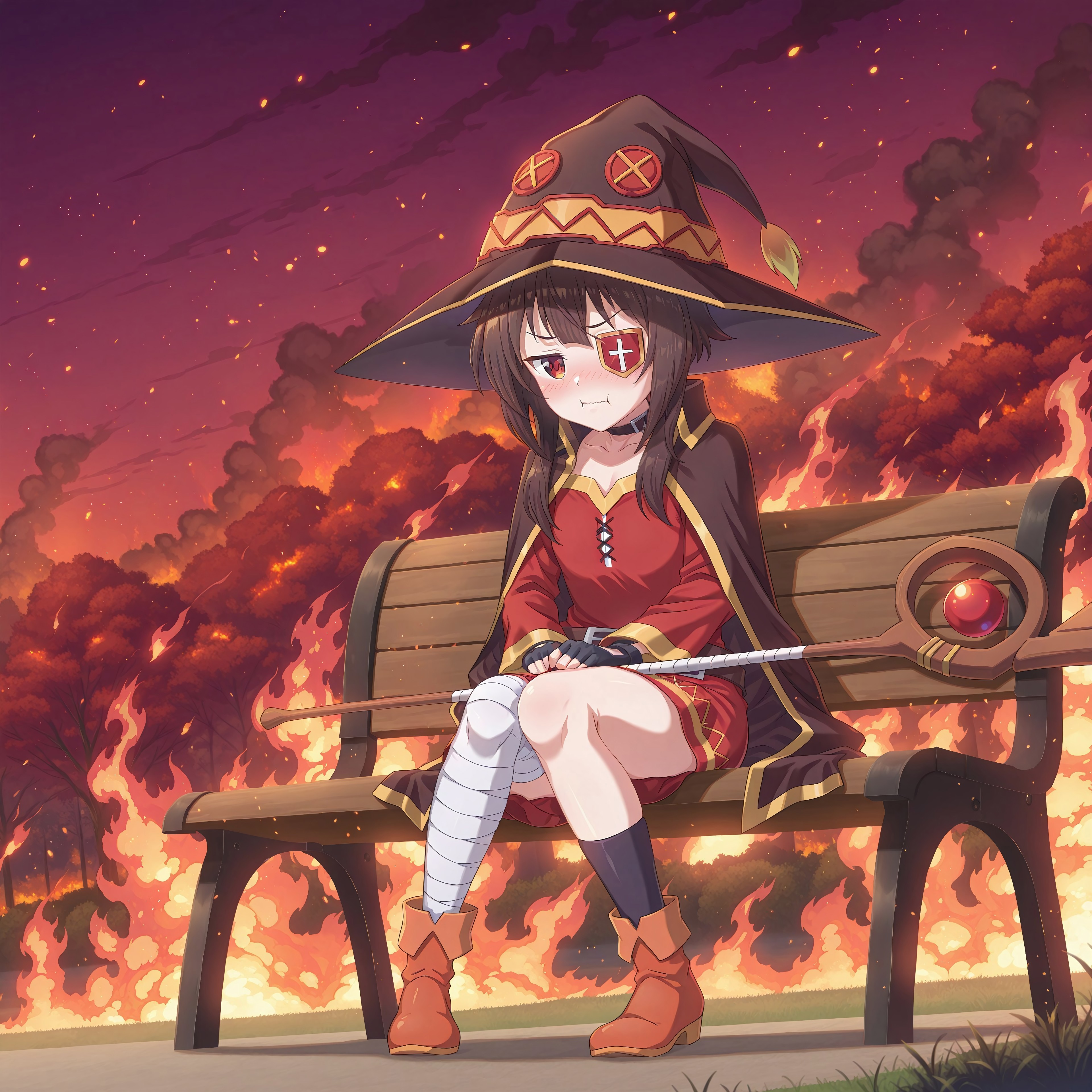 konofan, masterpiece, best quality, absurdres, 1girl, megumin, konosuba, short hair, brown hair, sidelocks, red eyes, eyepatch,
red dress, black choker, fingerless gloves, witch hat, single thighhigh, bandaged leg, mismatched legwear, asymmetrical legwear, cape,
outdoors, park, bench, burning, (fiery background, wildfire:1.3), smoke, this is fine \(meme\), 
solo, full body, sitting, hands on lap, closed mouth, (:i, pout), wavy mouth, embarrassed, jitome, blush, knees together feet apart, staff, staff on lap, 
intricate, highly detailed, majestic, shallow depth of field, movie still, colorful