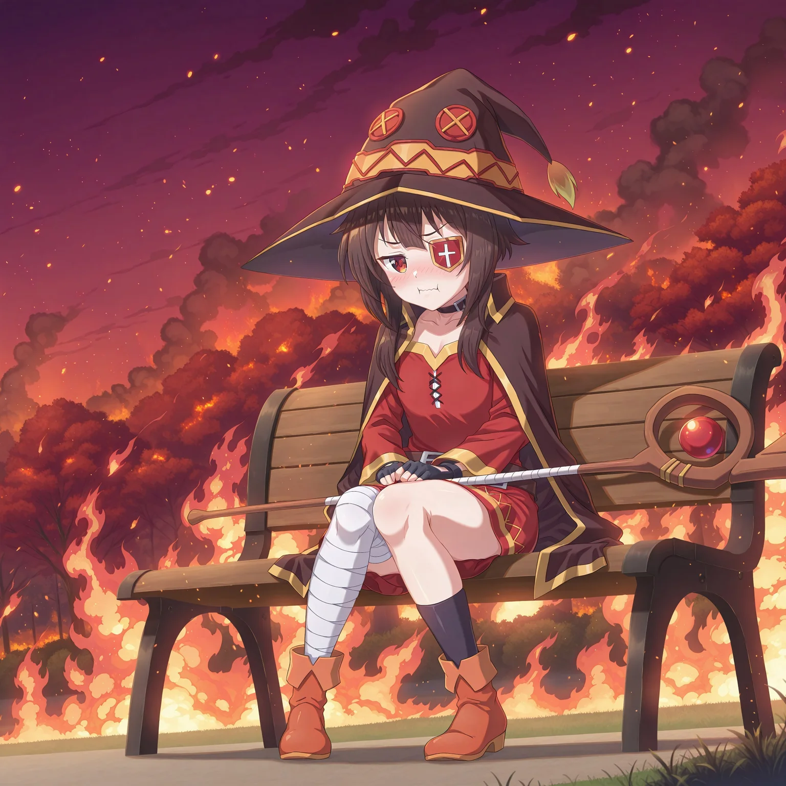 konofan, masterpiece, best quality, absurdres, 1girl, megumin, konosuba, short hair, brown hair, sidelocks, red eyes, eyepatch,
red dress, black choker, fingerless gloves, witch hat, single thighhigh, bandaged leg, mismatched legwear, asymmetrical legwear, cape,
outdoors, park, bench, burning, (fiery background, wildfire:1.3), smoke, this is fine \(meme\),
solo, full body, sitting, hands on lap, closed mouth, (:i, pout), wavy mouth, embarrassed, jitome, blush, knees together feet apart, staff, staff on lap,
intricate, highly detailed, majestic, shallow depth of field, movie still, colorful