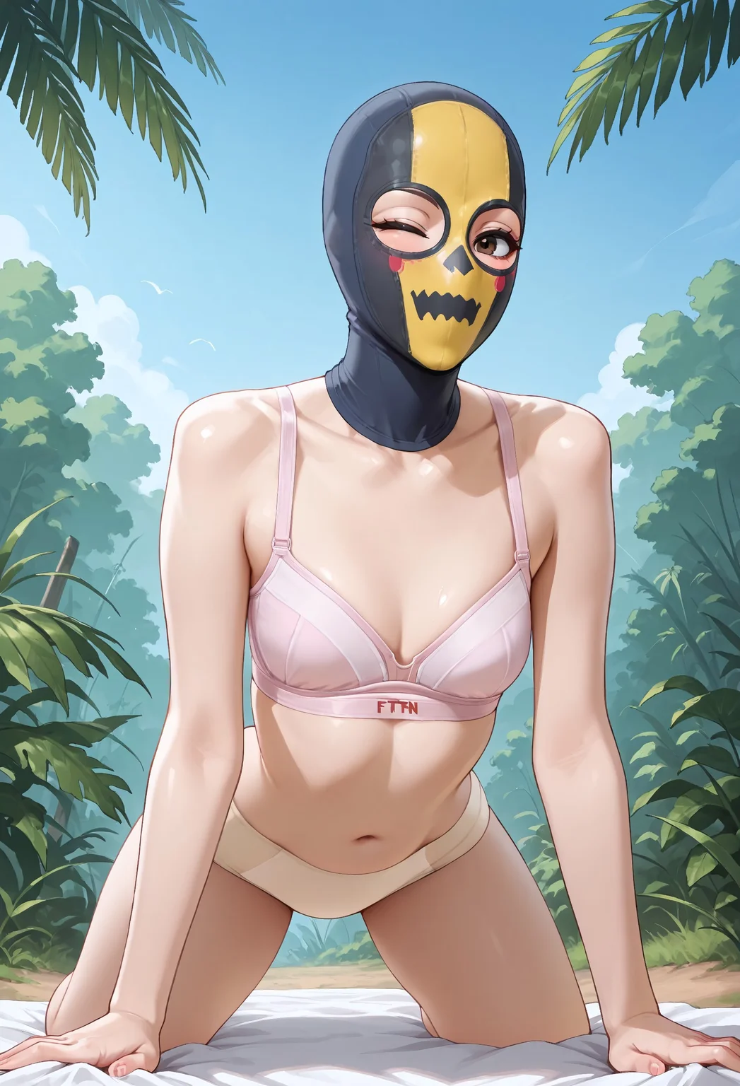 masterpiece, best quality, amazing quality, very aesthetic,
f0rtn1te_cap3r, 1girl, masked, brown eyes, small breasts, navel, midriff, print clothes, balaclava, l1ght_p1nk_b31g3, mismatched underwear, light pink bra, beige panties,
all fours, prone, looking at viewer, wink, blue sky, jungle, grass, ground