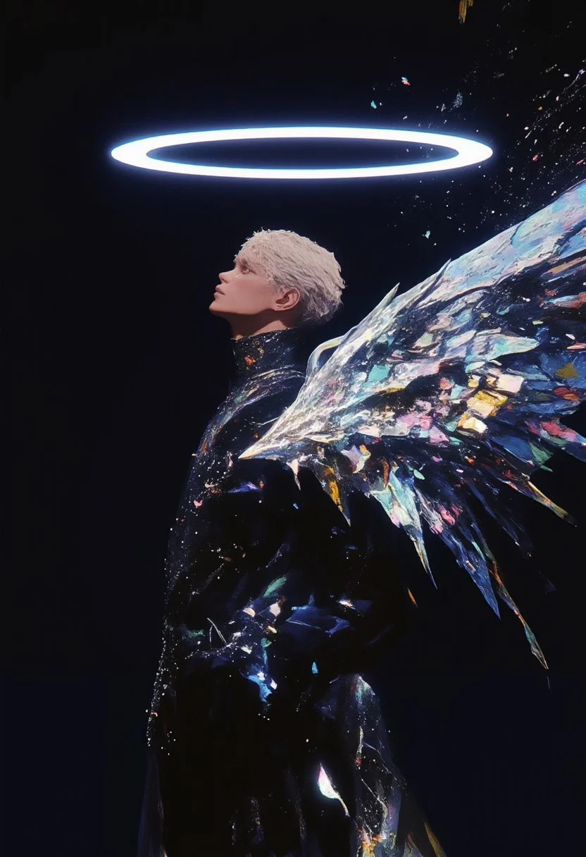 A close-up portrait of a man with dark silver wings, slightly metallic and angular in design. A sharp, neon-blue halo hovers one foot above his head, casting a soft blue glow. He is dressed in avant-garde attire made from oversized synthetic fabric, featuring a high-collared jacket with exaggerated lapels and flowing cape-like extensions. The background is solid black, punctuated with a scattering of small holographic glitter particles, catching light with iridescent reflections to enhance the futuristic atmosphere.
