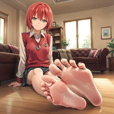 score_9, score_8_up, score_7_up, 1girl, Hatori Chise, red hair, green eyes, short hair, red sweater vest, sweet smile, looking at viewer, indoors, necklace,barefoot, foreshortening, close up, sitting, living room, feet together, on side, soles