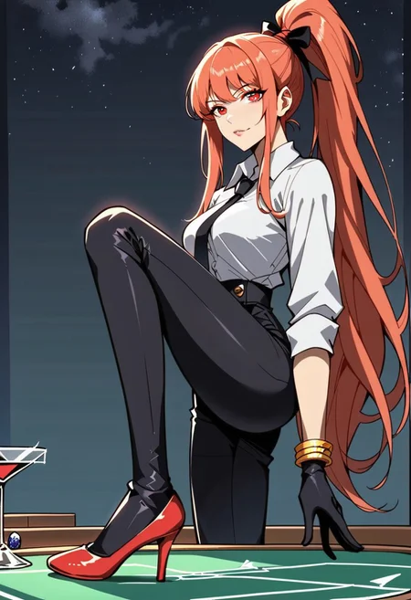 score_9, score_8_up, score_7_up, 1girl, night, indoor, in a casinò, dynamic shot, from high, long legs standing behing a poker table, green table, solo, dynamic pose, Feng Ling, orange hair, red eyes, medium breast, long hair, ponytail, black pants, white shirt, long sleves shirt, black gilet, black neck tie, red heels, gold slim bracelets, black gloves, looking at the viewer, long legs, nice legs, white hips ultra detailed, masterpiece, close up, upper body<lora:add-detail-xl:1>, <lora:StS_PonyXL_Detail_Slider_v1.4_iteration_3:4>