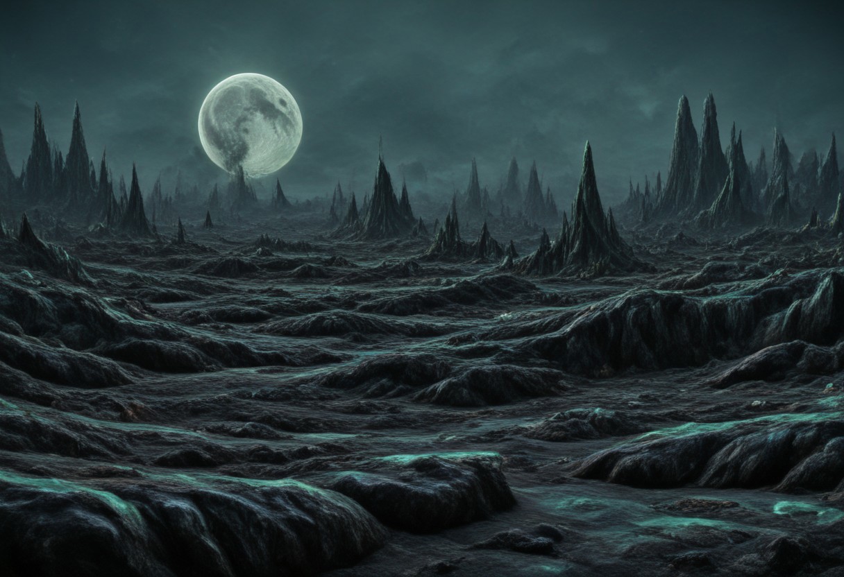 A beautiful landscape at night on an alien world, dramatic lighting, large moon in the sky, jade rocks, waterfalls, deep crevices, uhd, ultra-detailed, photography, f/8 photo, monoprone, nmskyrim