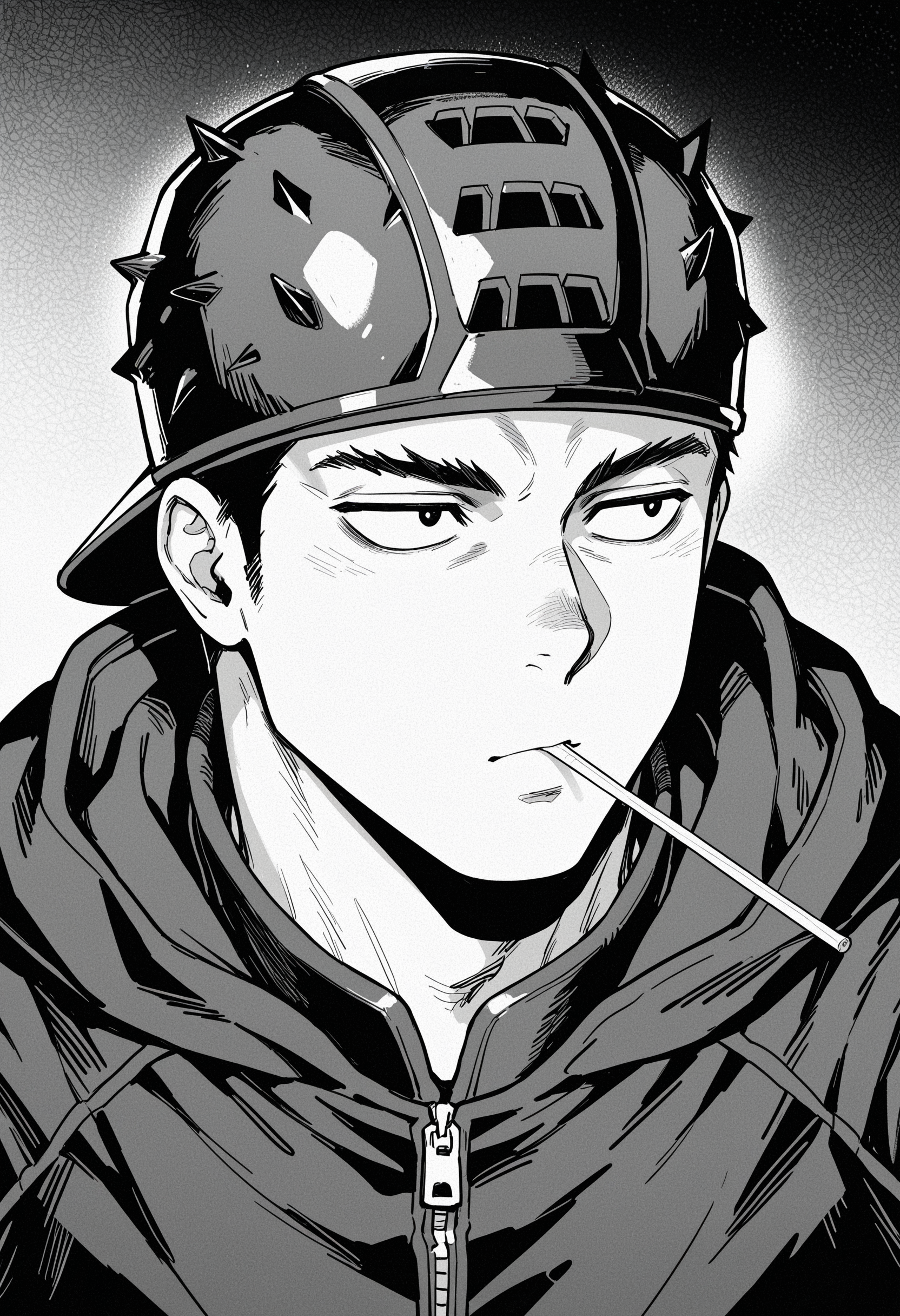 masterpiece, best quality, newest, absurdres, highres, very awa, 1boy, male focus, aikawa \(dorohedoro\), official art, greyscale, solo, monochrome, backwards hat, upper body, hat, hood, looking to the side, mouth hold, jacket, baseball cap, zipper, looking ahead, sanpaku, hooded jacket, hood down, screentones