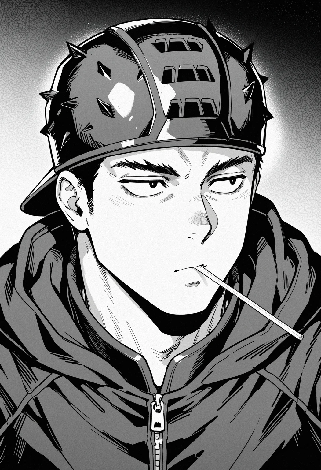 masterpiece, best quality, newest, absurdres, highres, very awa, 1boy, male focus, aikawa \(dorohedoro\), official art, greyscale, solo, monochrome, backwards hat, upper body, hat, hood, looking to the side, mouth hold, jacket, baseball cap, zipper, looking ahead, sanpaku, hooded jacket, hood down, screentones