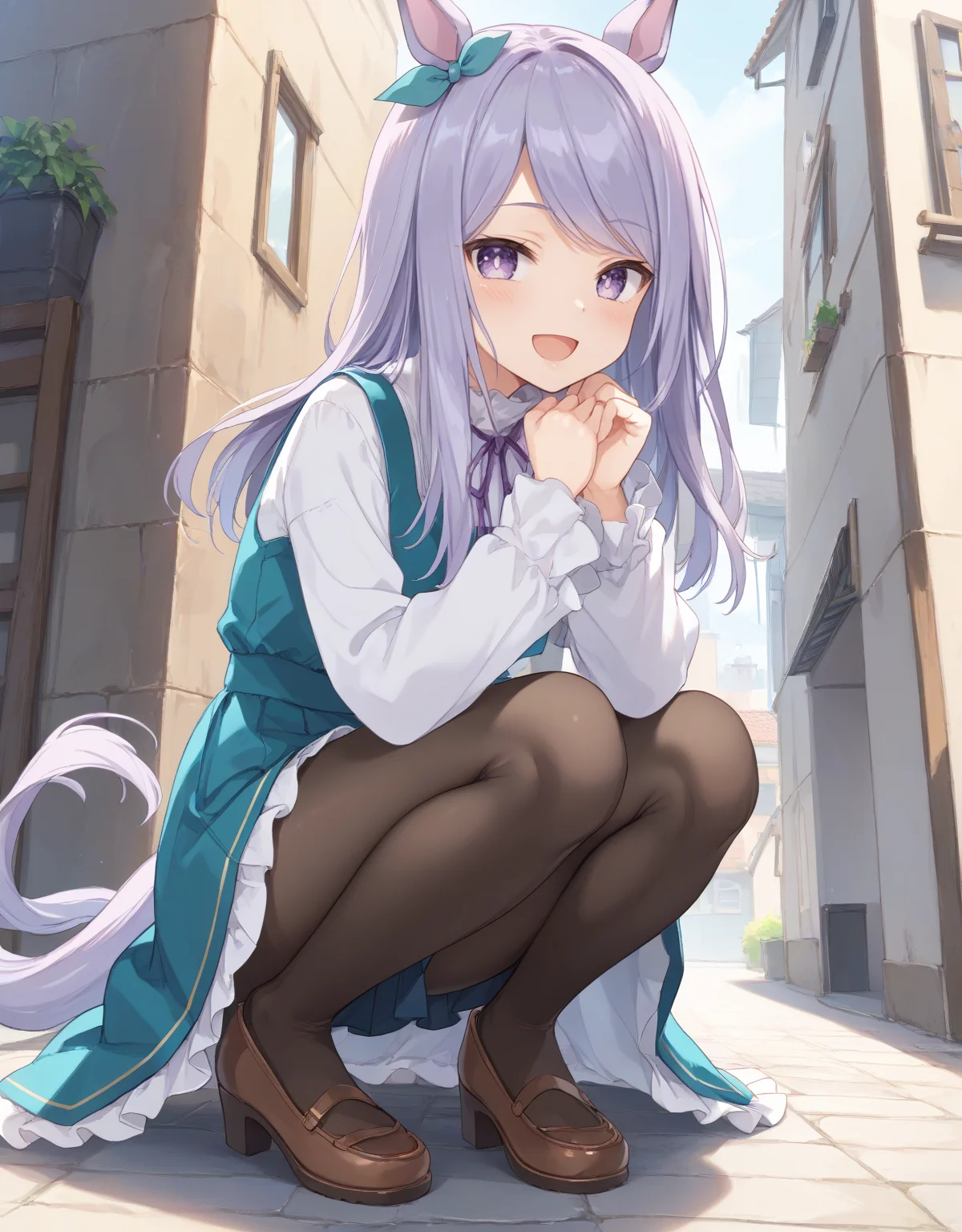 score_9, score_8_up, score_7_up, official art, masterpiece, high quality, megami magazine, official style, game cg, 1girl, (looking at viewer:1.4), (open mouth:1.0), , smile, blush, Crouching with arms hugging knees, from behind, from below, simple background,,
mejiro mcqueen (umamusume), animal ears, horse ears, horse girl, horse tail, tail, violet eyes, purple eyes, long hair, purple hair, eyebrows visible through hair, bangs, swept bangs, <lora:umamusume_mejiro_mcqueen_pony_v1:1>,
mjm casual, ribbon, green ribbon, purple ribbon, ear ribbon, neck ribbon, eyes visible through hair, casual, alternate costume, dress, pleated dress, aqua dress, blue dress, green dress, pinafore dress, long dress, shirt, white shirt, long sleeves, black pantyhose,
,