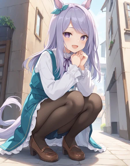 score_9, score_8_up, score_7_up, official art, masterpiece, high quality, megami magazine, official style, game cg, 1girl, (looking at viewer:1.4), (open mouth:1.0), , smile, blush, Crouching with arms hugging knees, from behind, from below, simple background,,
mejiro mcqueen (umamusume), animal ears, horse ears, horse girl, horse tail, tail, violet eyes, purple eyes, long hair, purple hair, eyebrows visible through hair, bangs, swept bangs, <lora:umamusume_mejiro_mcqueen_pony_v1:1>,
mjm casual, ribbon, green ribbon, purple ribbon, ear ribbon, neck ribbon, eyes visible through hair, casual, alternate costume, dress, pleated dress, aqua dress, blue dress, green dress, pinafore dress, long dress, shirt, white shirt, long sleeves, black pantyhose,
,