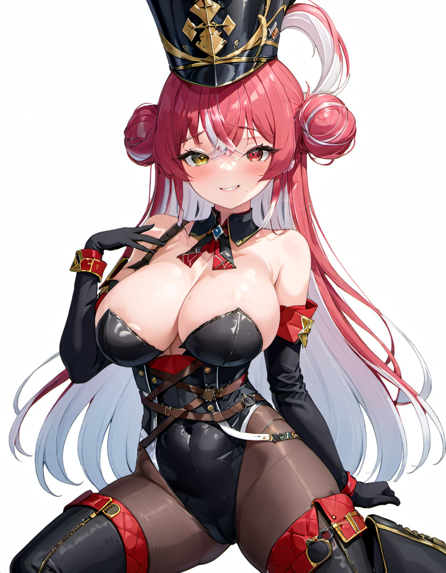 <lora:Houshou_Marine:.8>  houshou marine, solo, shako cap, large breasts, long hair, hat, gloves, heterochromia, covered navel, looking at viewer, white hair, leotard, multicolored hair, parted lips, white background, elbow gloves, black leotard, smile, simple background, blush, thigh boots, bare shoulders, boots, pantyhose, hair bun, black headwear, cleavage, holding, black gloves, streaked hair, black footwear, official alternate costume