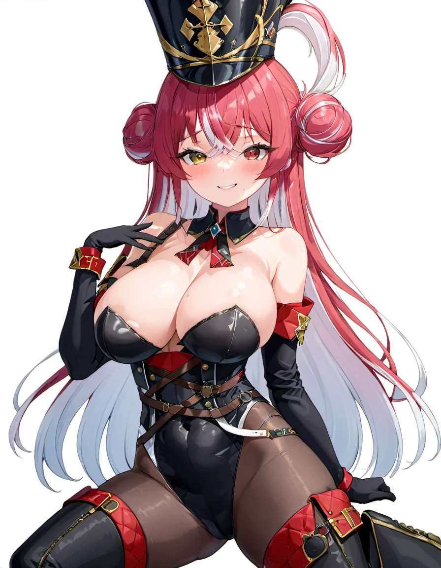 <lora:Houshou_Marine:.8> houshou marine, solo, shako cap, large breasts, long hair, hat, gloves, heterochromia, covered navel, looking at viewer, white hair, leotard, multicolored hair, parted lips, white background, elbow gloves, black leotard, smile, simple background, blush, thigh boots, bare shoulders, boots, pantyhose, hair bun, black headwear, cleavage, holding, black gloves, streaked hair, black footwear, official alternate costume
