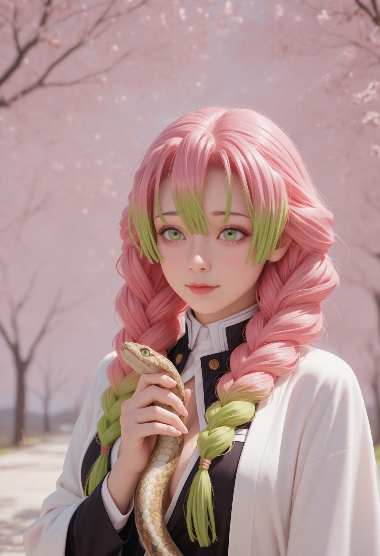 masterpiece, best quality, realistic,
1girl,  solo, depth of field, scenery,
kanroji_mitsuri, kimetsu_no_yaiba, 1girl, pink_hair, green_eyes, uniform, holding a snake,
<lora:Dynamic lighting[IL]:0.5> dynamiclighting