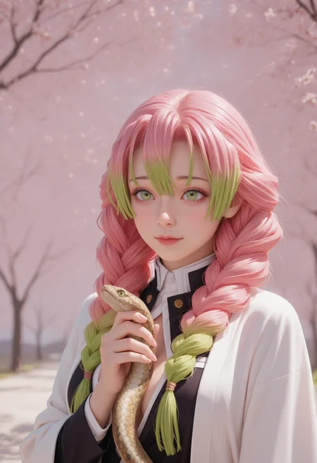 masterpiece, best quality, realistic,
1girl,  solo, depth of field, scenery,
kanroji_mitsuri, kimetsu_no_yaiba, 1girl, pink_hair, green_eyes, uniform, holding a snake,
<lora:Dynamic lighting[IL]:0.5> dynamiclighting