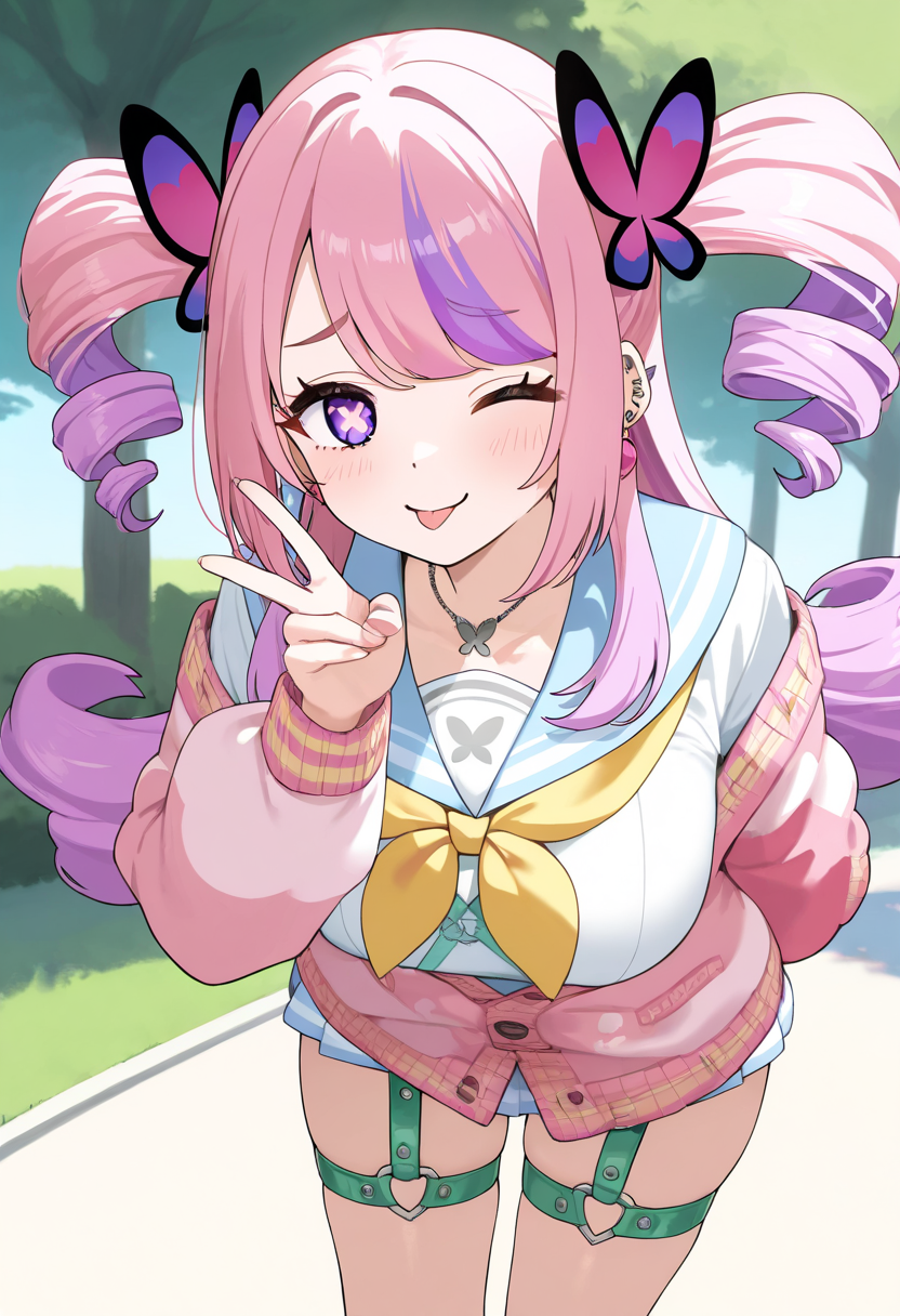 1girl,solo,<lora:chiamoil:0.9>,moa_chiamo,long hair,pink hair,multicolored hair,purple eyes,symbol-shaped pupils,twin drills,butterfly hair ornament,piercing,necklace,school uniform,sailor collar,pink jacket,o-ring thigh strap,green thigh strap,double garter strap,looking_at_viewer,cowboy_shot,dynamic_angle,leaning_forward,v,:p,park,day,wink,incredibly absurdres,masterpiece,best quality,good quality,newest,