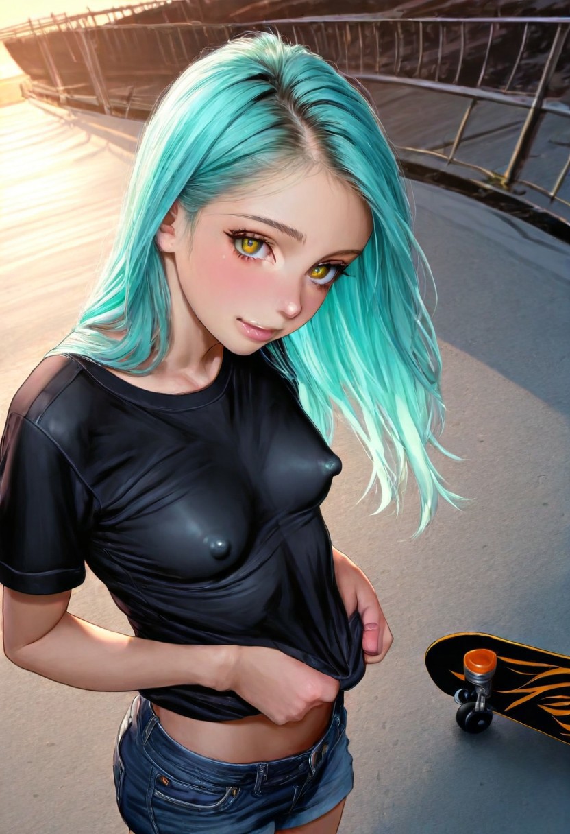 amazing quality, masterpiece, best quality, hyper detailed, ultra detailed, UHD, perfect anatomy,hyper-realism, realistic, extremely detailed, beautiful detailed face, side view, very aesthetic, 1girl, ((18 years old)), head turned to look at viewer, seductive smile,, (medium breasts, covered nipples, nipples not visible), cute, seductive, perfect blue eyes, wearing a short black t-shirt micro jeans shorts, a skateboard in her hands, perfect golden hour light, in a skate-park, outdoors, inviting, black sneakers. black make-up.  outdoors, depth of field, dynamic angle, (((covered nipples))), bright blue eyes, small breasts with puffy nipples, perfect hands and fingers,crystalake, crystalake, rnat,aqua hair,yellow eyes,