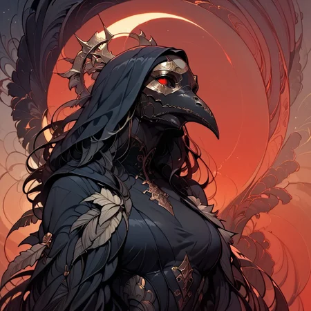 zPDXL3 , Expressiveh , score_9 , score_8 , score_7 , score_6_up , highly detailed , high quality , high res , skindentation , Art Noveau , Noveau ,
solo ,female , plague doctor, mask , dark halo , feathered wing , black feather , feather coat , voluptuous , dress , 
(blood eclipse , red sky ,background) ,