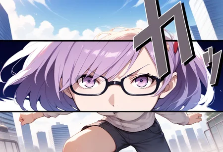 <lora:Fixhands_anime_bdsqlsz_V1:1>score_9, score_8_up, score_7_up, uncensored, source_anime, intricate details, perfect anatomy BREAK
1girl, solo, mash kyrielight, purple hair, hair over one eye, glasses, white hoodie, 
(v-shaped eyebrows), fighting stance, outdoors, city, tokyo,
<lora:HyLper-Accelerate-PAseer:1> <lora:p3cutin_XL(pony)v1.2fix:1>
