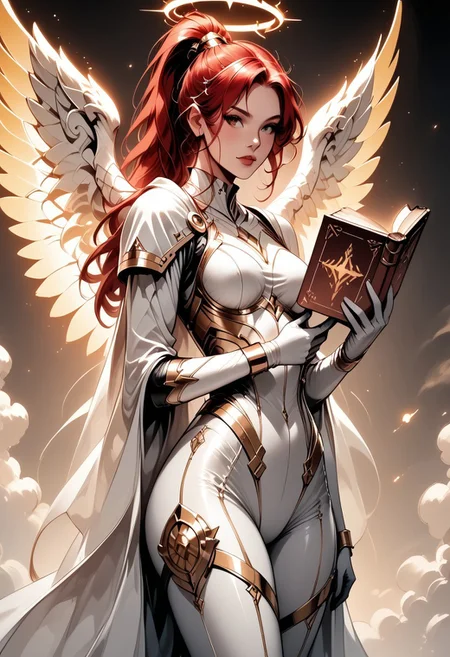 score_9, score_8_up, score_7_up, (Western Comics), a full body image of a sexy mechangel girl, caucasian, seductive, (glowing wings with red tips), solo, glowing armor, glowing halo, glowing mechanical 4 wings (hyperdetailed:1.15), detailed, light passing through hair, (ultra detailed, high quality texture), (sharp), (artistic image), 32K, 4K, ULTRA HD, small waist, large breasts, tight white bodysuit with, crop: -5, (3/4 portrait), wide view, ((her whole head and hair is visible)), zoomed out, wings completely visible, (from thighs and up), wings folded along her body, cowboy shot, angelify, (monochrome background), (nothing in background), plain background, Long red hair in ponytail, ((holding a book, zzmagicbook,)), wings fully visible