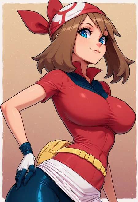 masterpiece, best quality, good quality, very aesthetic, absurdres, newest, skindentation, curvy, wide hips, zzMay, solo, brown hair, blue eyes, medium hair, red shirt, bike shorts, red bandana, red shirt, gloves, white miniskirt, yellow belt, , <lora:MayPokemon_NAI:1.0>, ,<lora:ElfFio_NAI_v2:1.0>, upper body, side view, smile, looking at viewer, shiny skin,