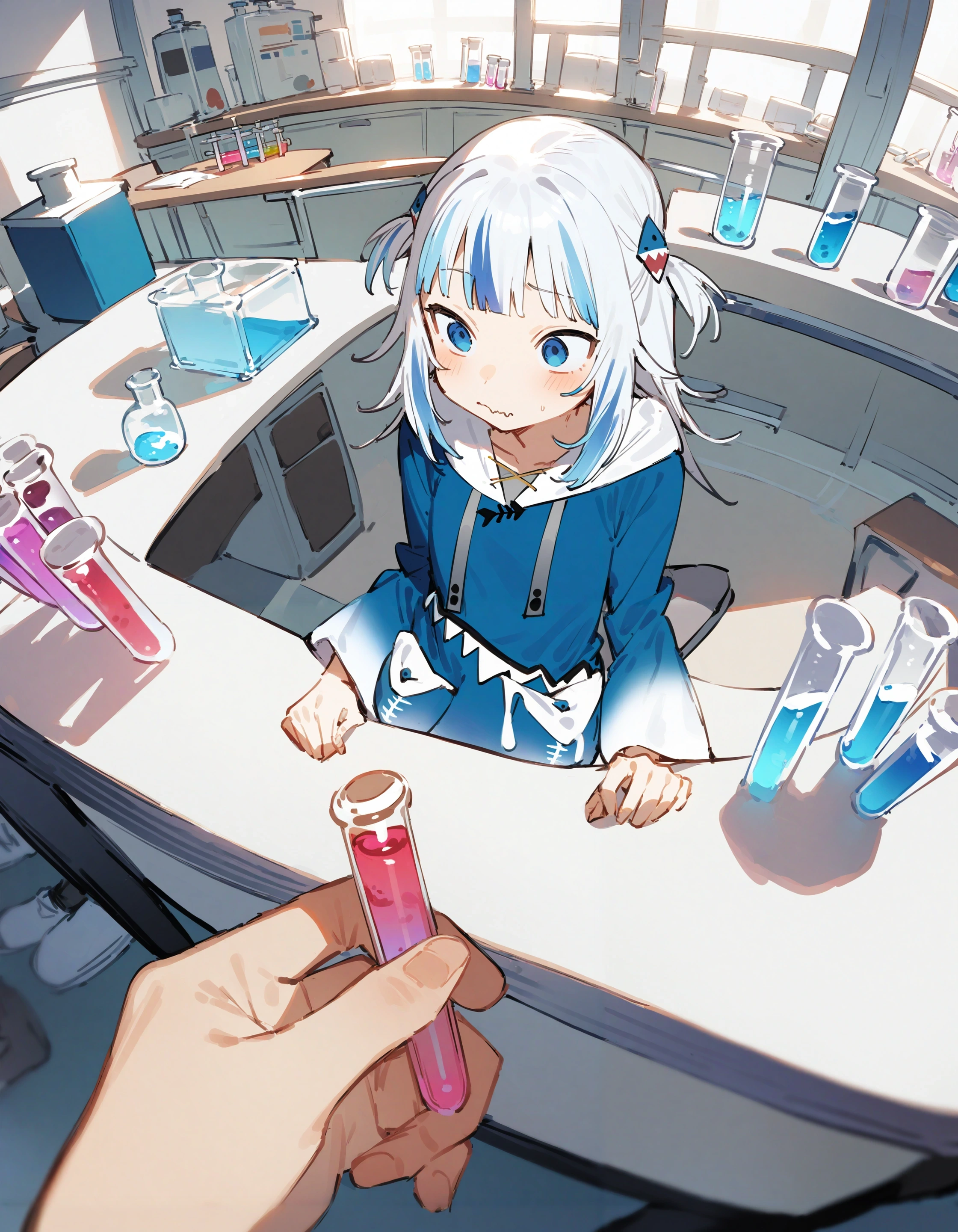 povhldg test tube, pov hands,
1girl, gawr gura, toridamono,
(confused, ?:1.2), full body, sitting, wavy mouth, 
laboratory, perspective, indoors, loaded interior, test tube, desk, from above,
best quality, masterpiece
<lora:concept_povholding_res:1>