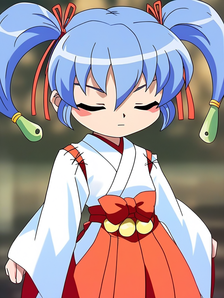 score_9, score_8_up, score_7_up, source_anime, rating_explicit, BREAK  <lora:Nazuna_OnmyouTaisenki_XL:1> Nazuna, blue hair, closed eyes, blush stickers, twintails, hair ribbon, flat chest, miko,  short stack,
japanese clothes, hakama, hakama skirt, red hakama, skirt,  bow, long sleeves, wide sleeves, kimono,