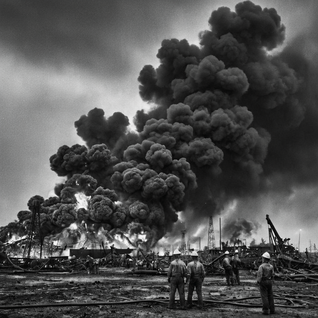 a (black and white:1.5) photo of a massive plums of dark smoke and many flames rising from several fires in a oil field, some workers look at the fires, dramatic lights, dark clouds in the background, high contrast, extreme details, intricate details, 8k, 35mm photo, photorealism, realistic photo, national geographic style, masterpiece, (grainy film:1.4)